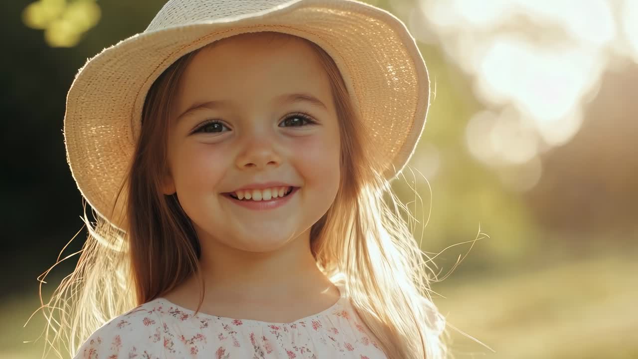 Un vídeo en primer plano capta a un niño sonriente en un jardín iluminado por el sol, con un brillo cálido y dorado