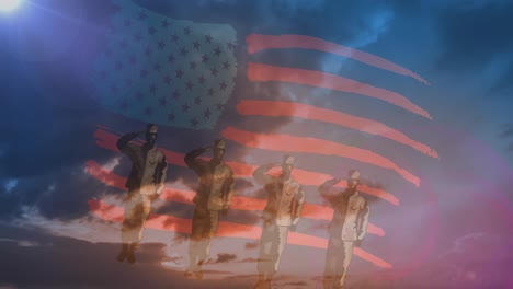 Animation-Von-Soldaten,-Die-über-Der-Amerikanischen-Flagge-Salutieren