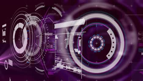 Round-scanner-and-digital-interface-with-data-processing-against-purple-background