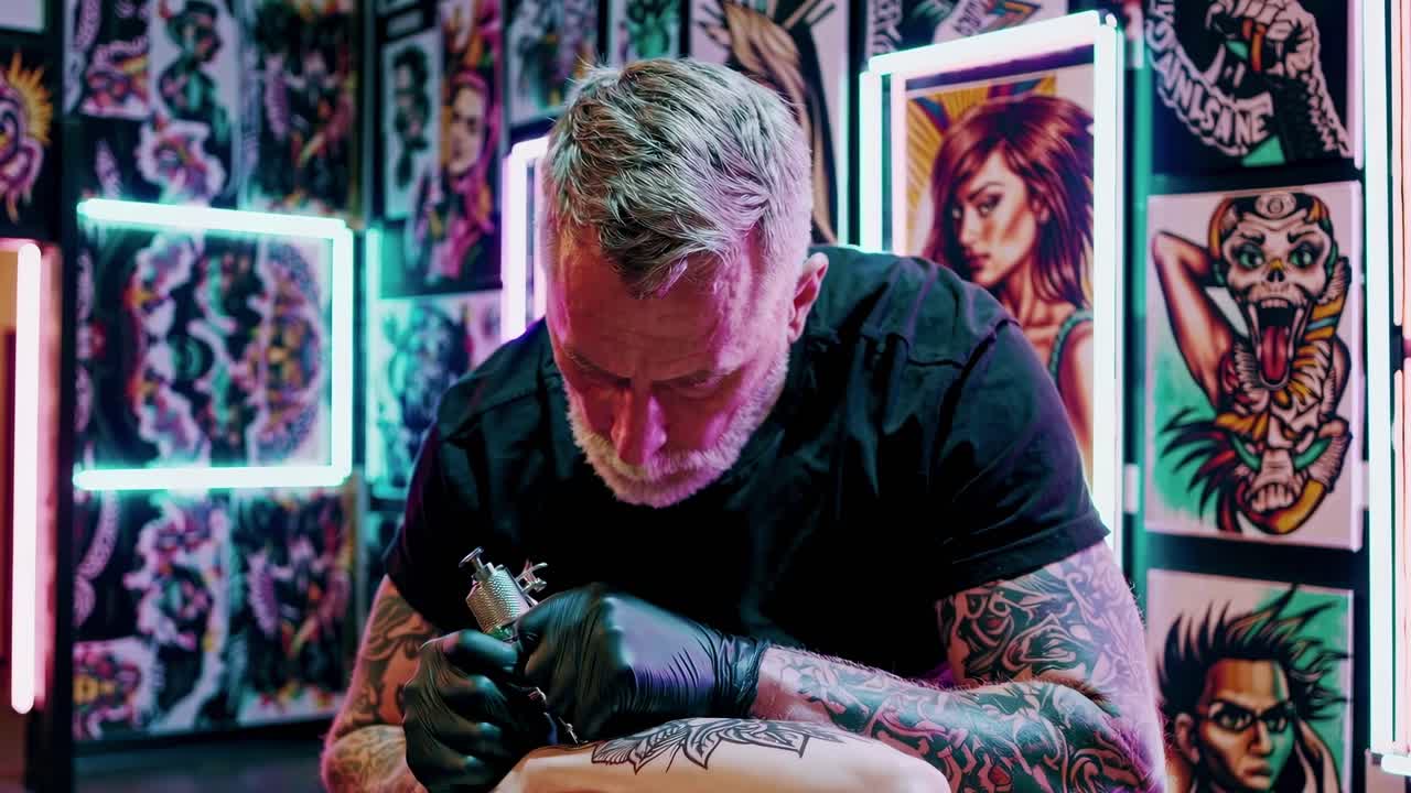 Optagelse fra lav vinkel af en tatovør, der er fokuseret på sit arbejde, omgivet af levende neonlys og tatoveringskunst