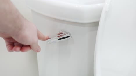 a man flushes a clean toilet in medium close up.