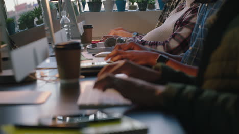 close up hands business people programmers using computers developing communication software team of network support engineers sharing online service typing in office workplace