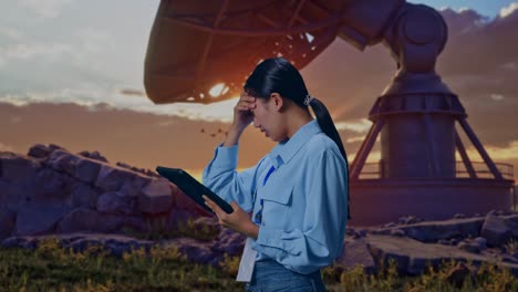 side view of an asian female professional worker standing with her tablet with large satellite dish, checking with dissapionted and nodding her shead