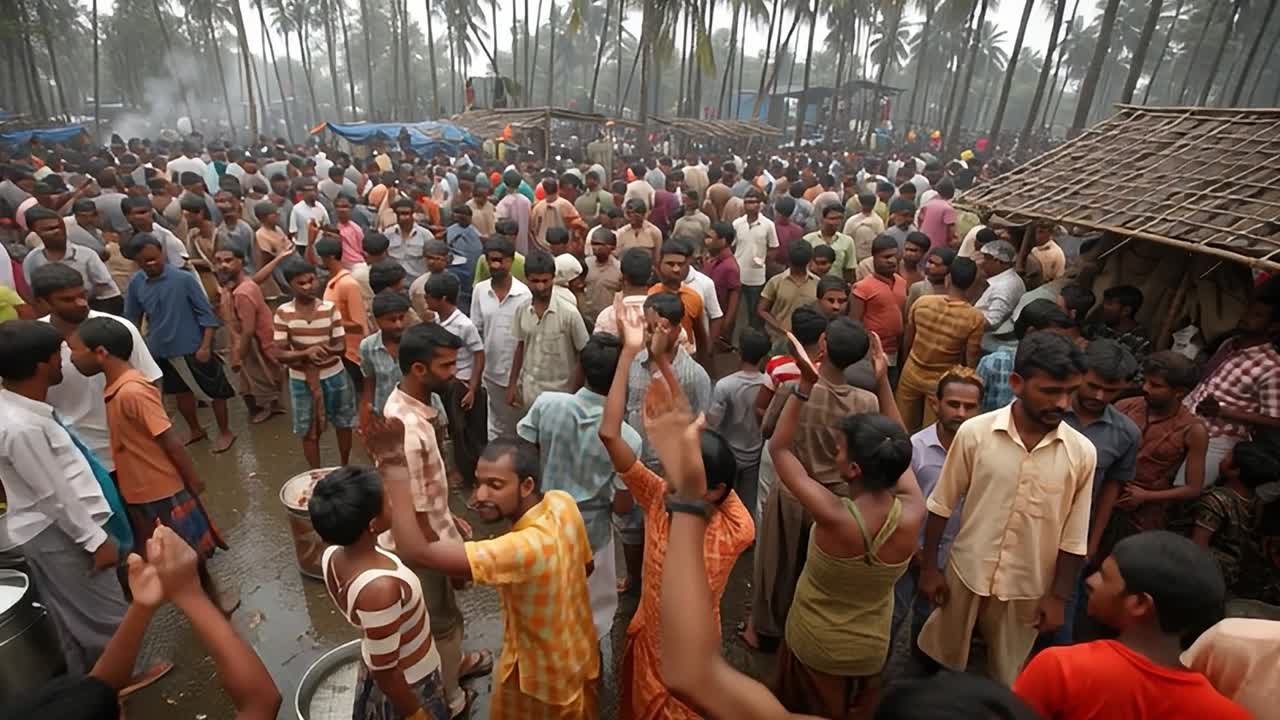 Crowds gather at a community festival in a rural village during midday