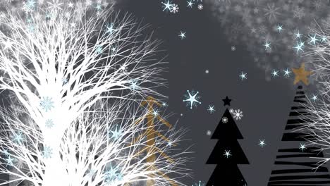 Animation-of-snow-falling-over-christmas-trees