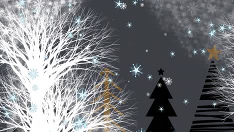 animation of snow falling over christmas trees