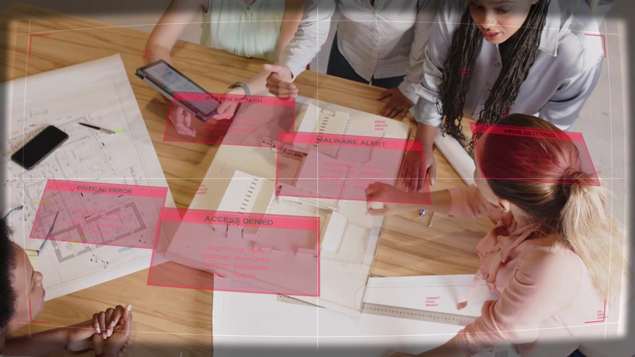 Architects pointing at scale model, using tablet, showing expanding red tags over plans, reviewing