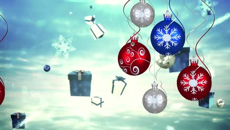 Animation-of-christmas-tree-balls-over-christmas-symbols-on-bright-background