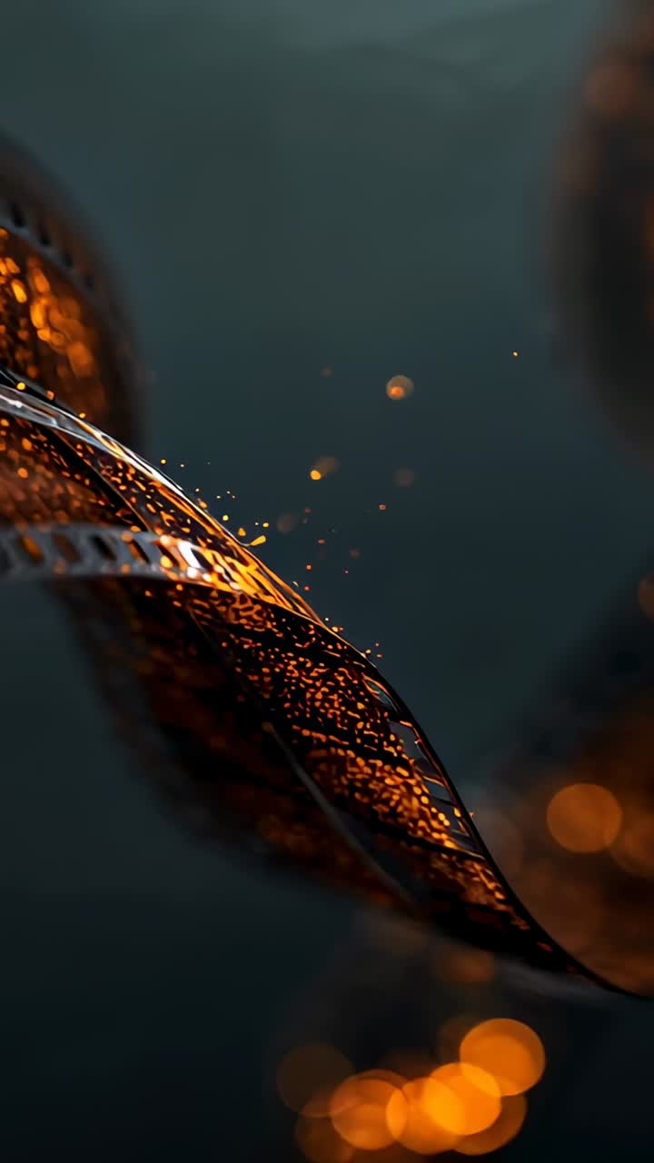 Vertical video: Shifting curled ribbon in studio over frames showing warm bokeh and emitting sparks