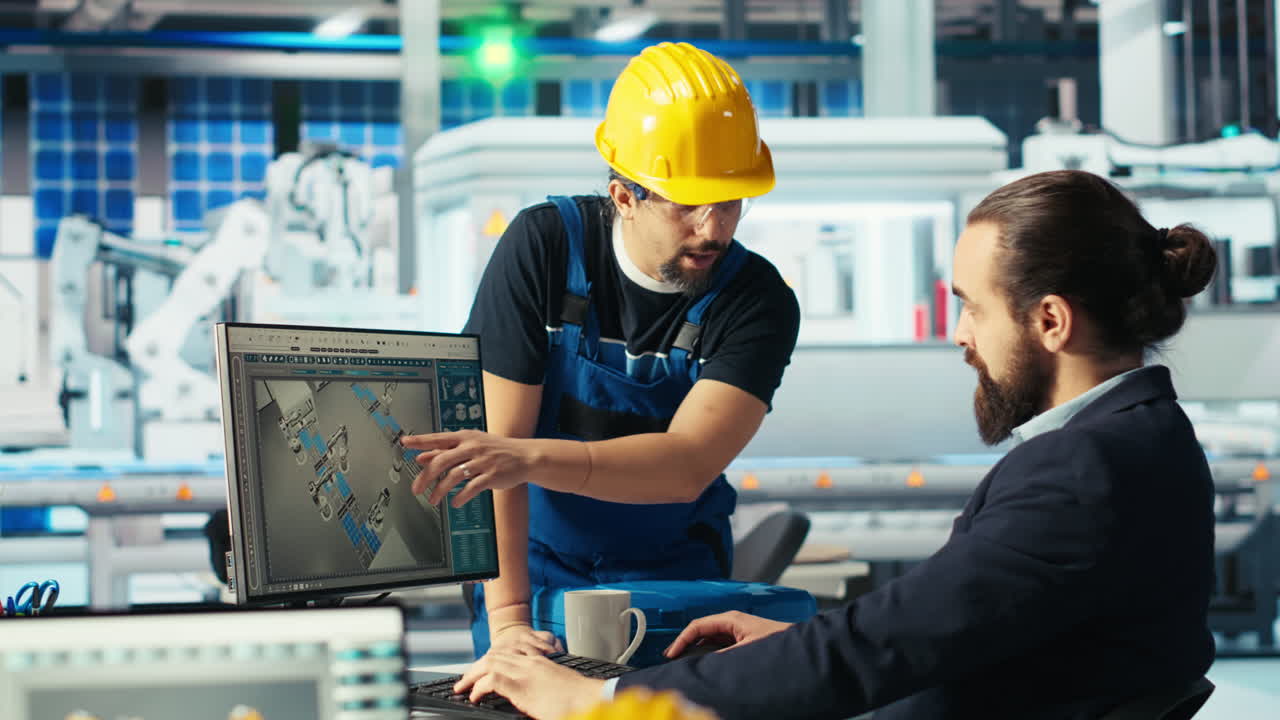 специалист, показывающий сотруднику, как оптимизировать энергоснабжение солнечными панелями