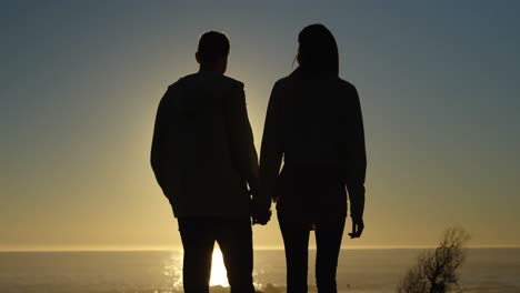 silueta de una pareja caminando de la mano en la playa durante la puesta de sol 4k