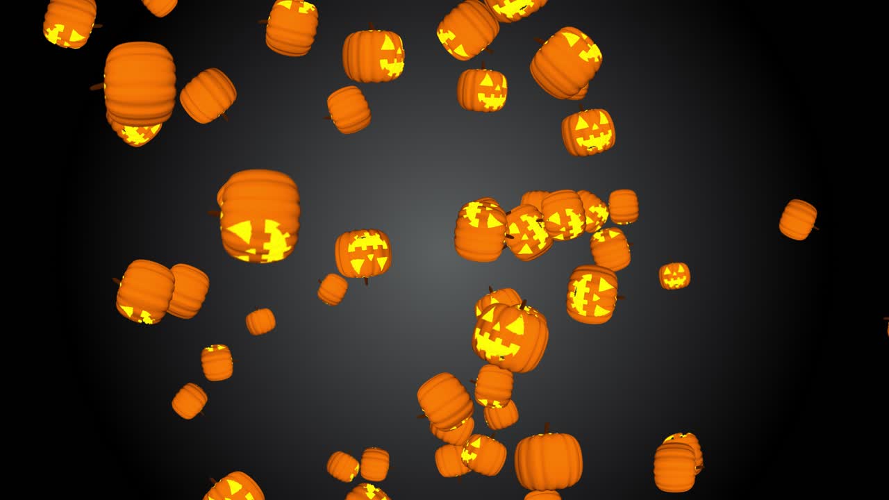 Stock video of halloween spooky pumpkins flying and falling down 3d rain of pumpkin icons on orange