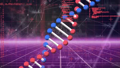 Animation-of-dna-strand-and-data-processing-over-black-background