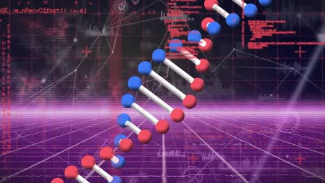 animación de la cadena de adn y procesamiento de datos sobre un fondo negro