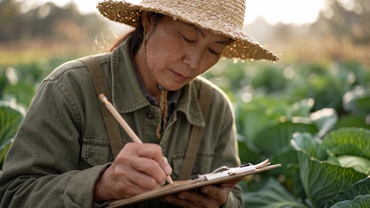 Agricoltore pensieroso che documenta i dettagli del raccolto in un campo verde lussureggiante, mostrando dedizione all'agricoltura sostenibile e pratiche agricole meticolose per rese migliori.