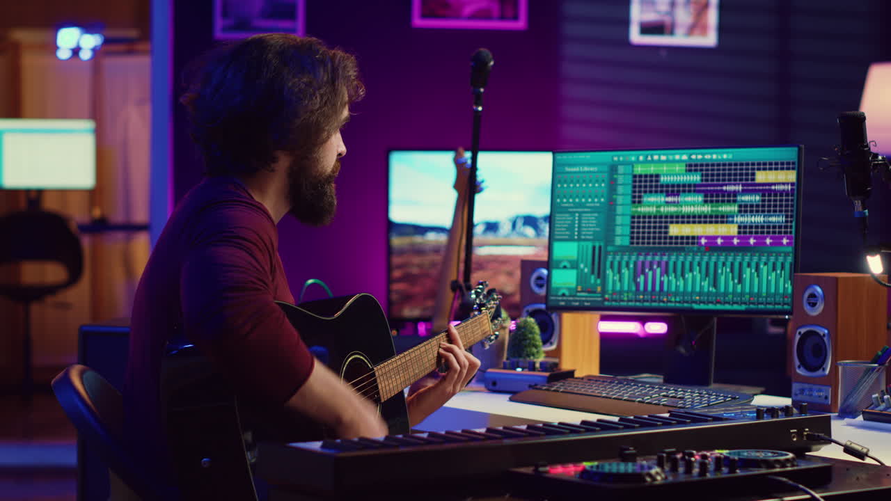 Music producer mixing guitar sounds played by him on acoustic instrument