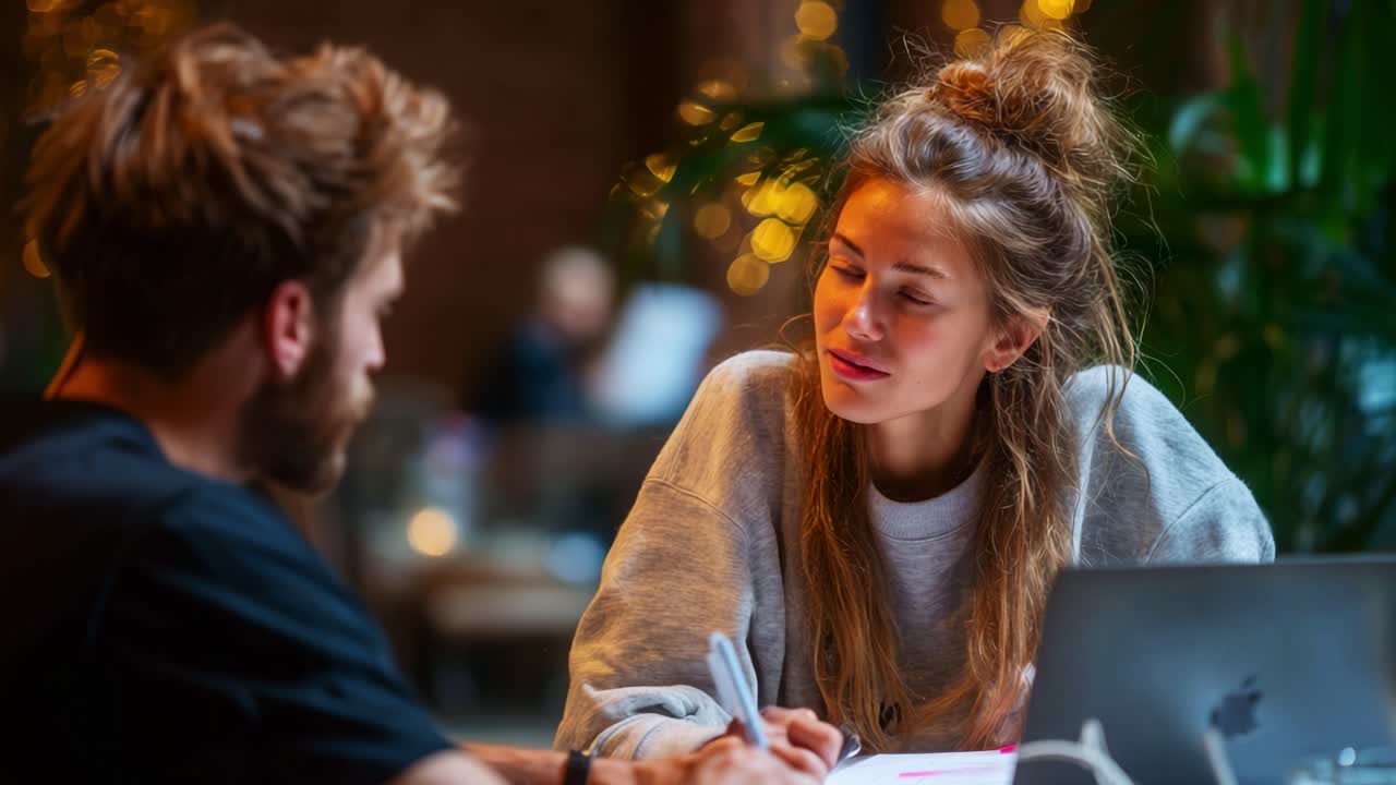Poutavý rozhovor mezi dvěma mladými dospělými v útulné kavárně, obklopené tlumeným osvětlením a živou atmosférou, sdílení myšlenek a společné učení.