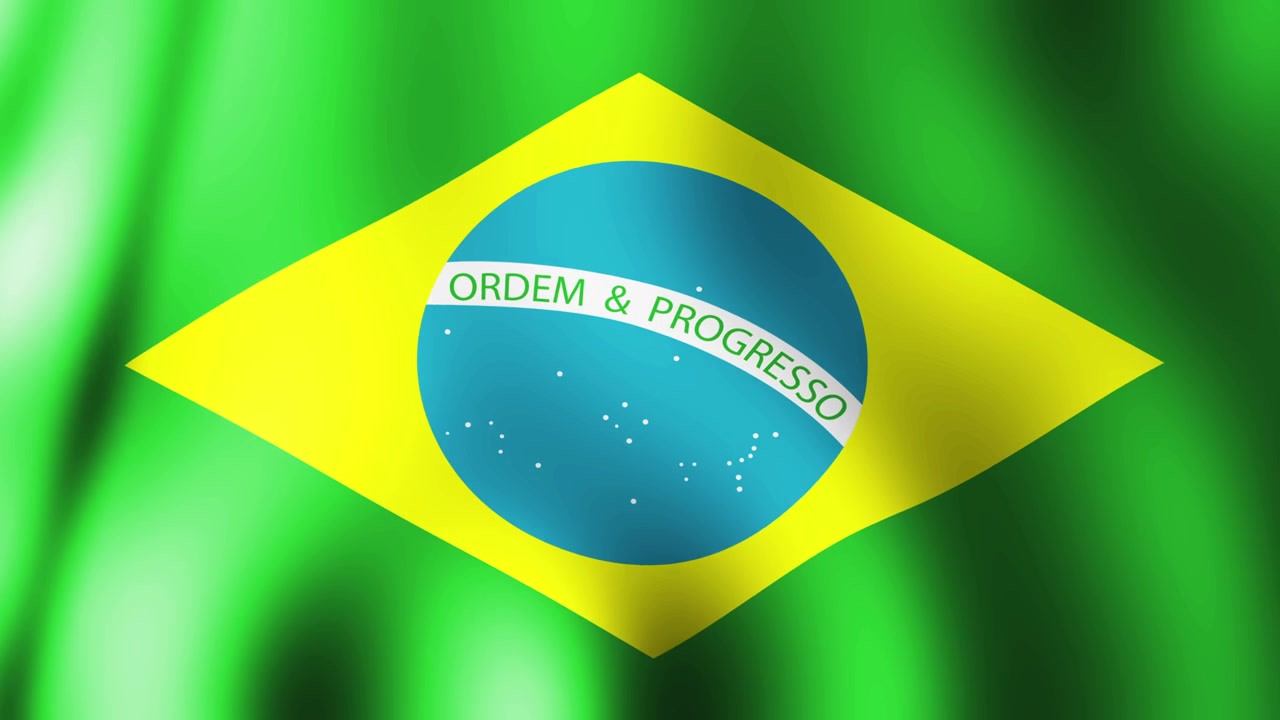 Vajende flag fra Brasilien med mottoet "Ordem e Progresso"