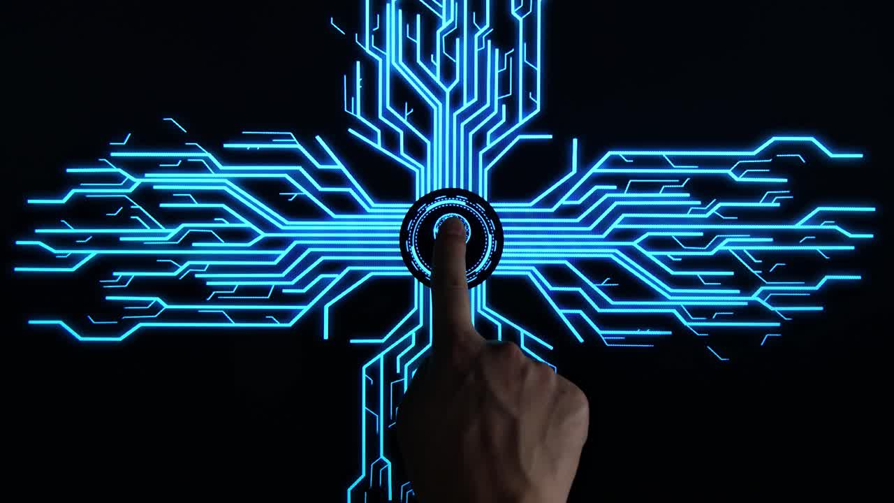 Top View, Human Finger Pushes Touch Digital The Light Bulb With Futuristic Artificial Intelligence Spreading Through Internet. Visualization Of Machine Learning, Computer Technology, Neural Network
