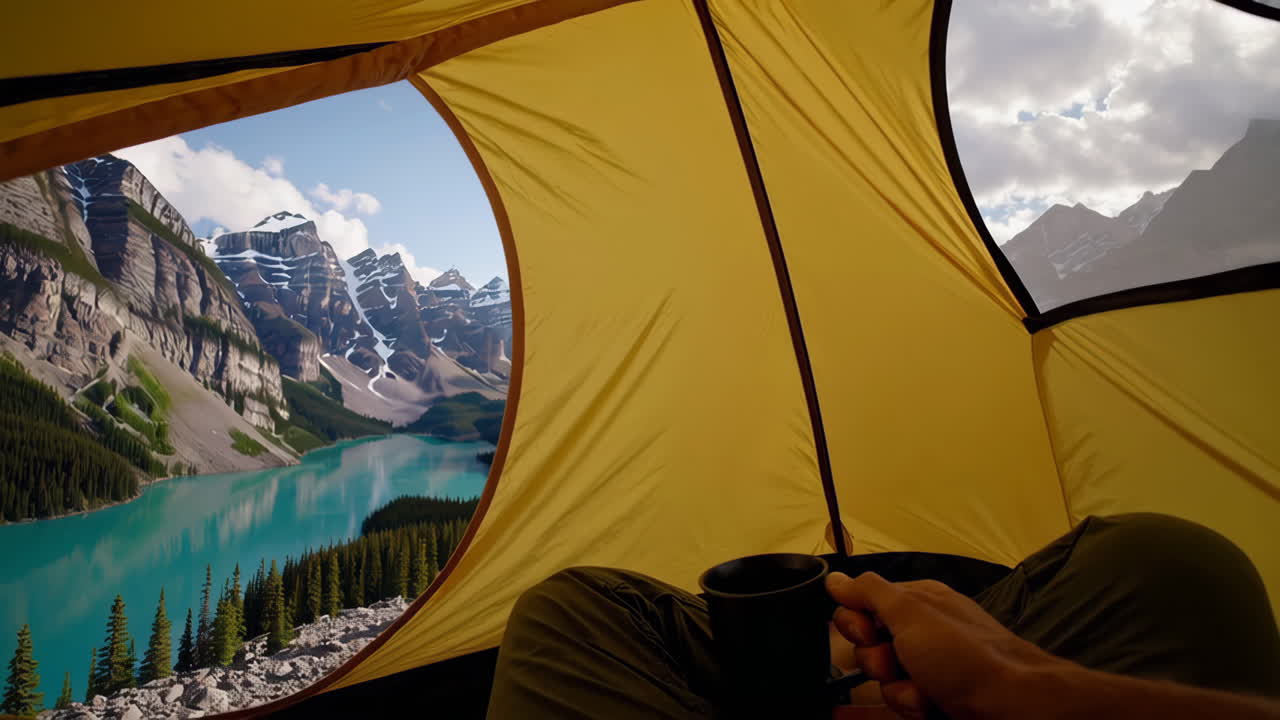 Enjoying a cup of coffee in a tent with a view of Maligne Lake in the Canadian Rockies