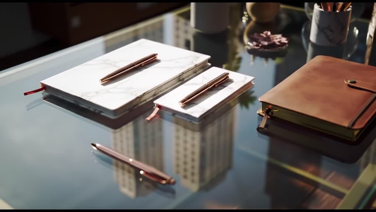 Elegant Notebooks and Stylish Pens on a Glass Table: A Beautiful Workspace Arrangement Showcasing Luxury Stationery Items in a Modern Setting