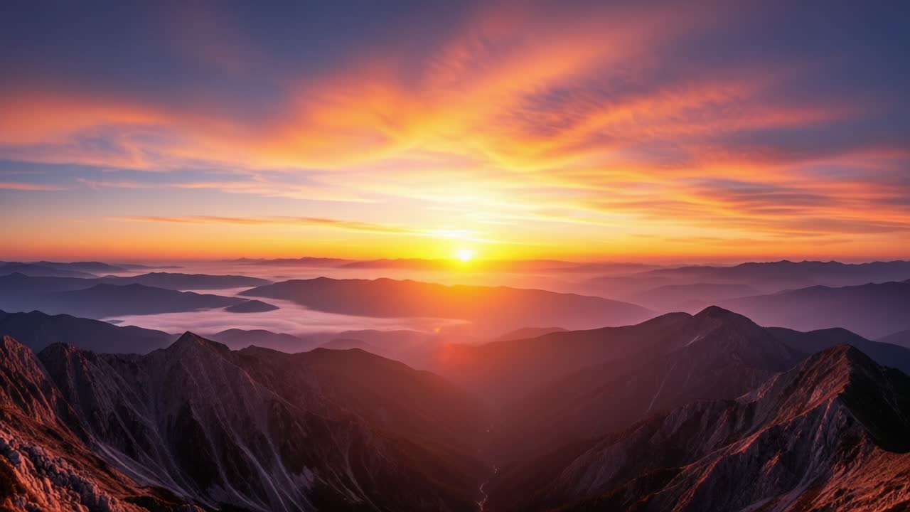 Breathtaking Sunrise Over Majestic Mountains: A Stunning Display of Nature's Colors and Beauty at Dawn, Illuminating the Landscape and Creating a Serene Atmosphere