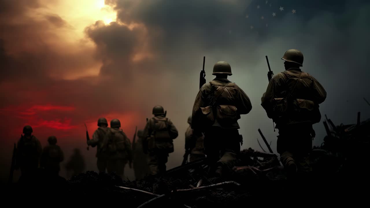Dramatic low-angle shot of soldiers silhouetted against a fiery sky, evoking a cinematic video game