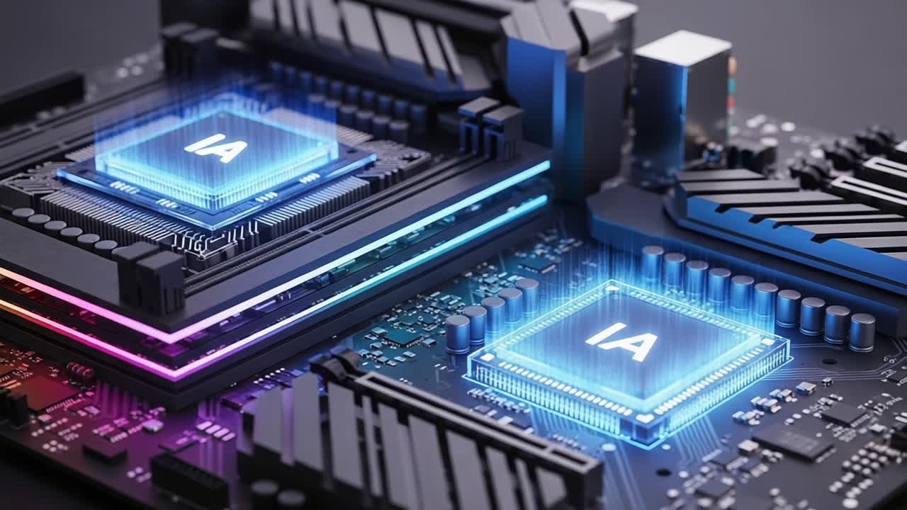 A Stunning Close-Up of a High-Tech Circuit Board Featuring Dual Advanced Processors with Bright Neon Highlights and Innovative Cooling Solutions