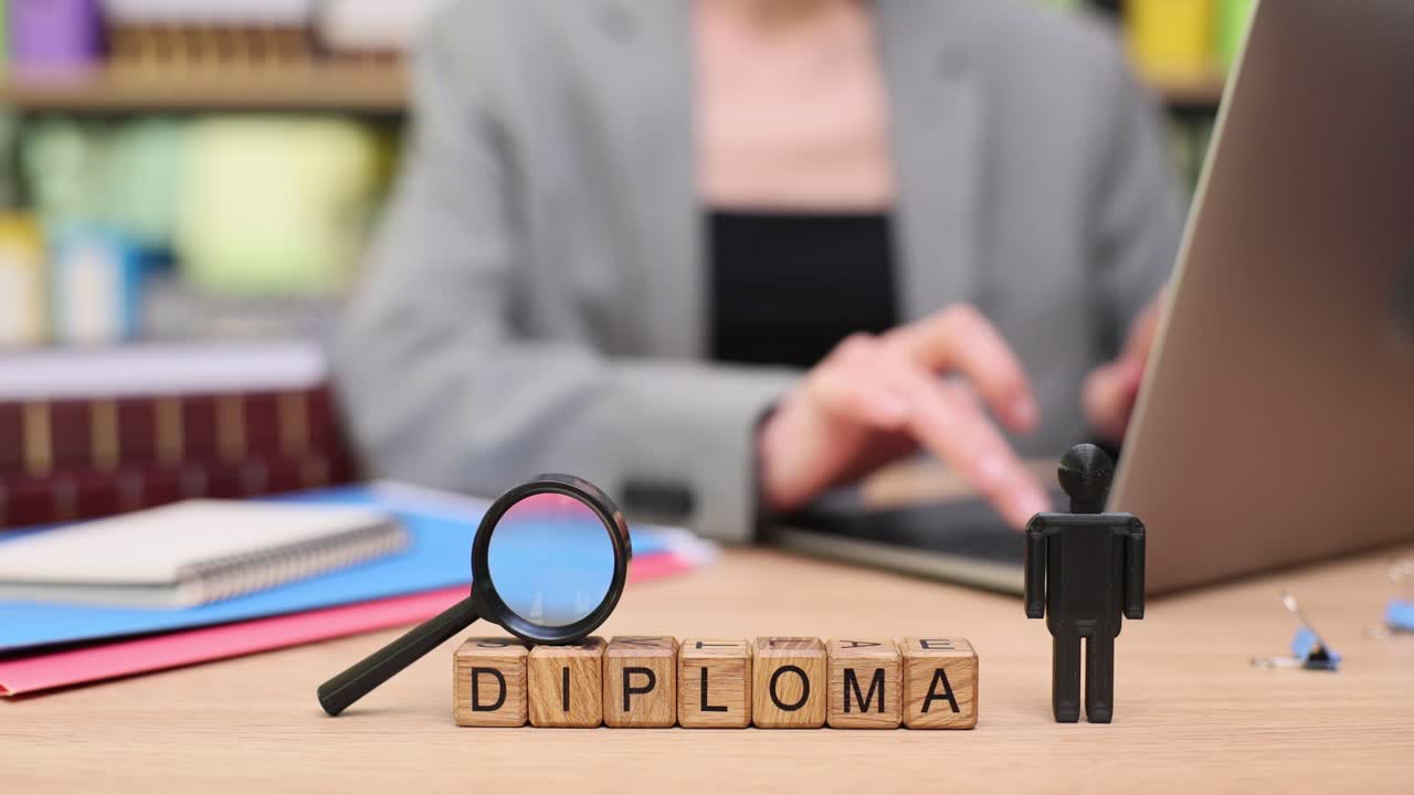 Diploma and Education Concept with Magnifying Glass and Laptop