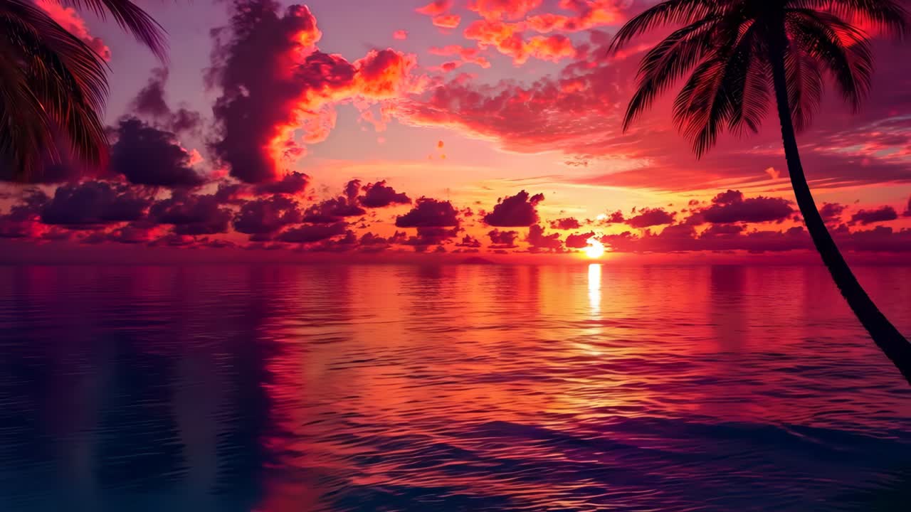 una puesta de sol sobre el océano con palmeras en primer plano