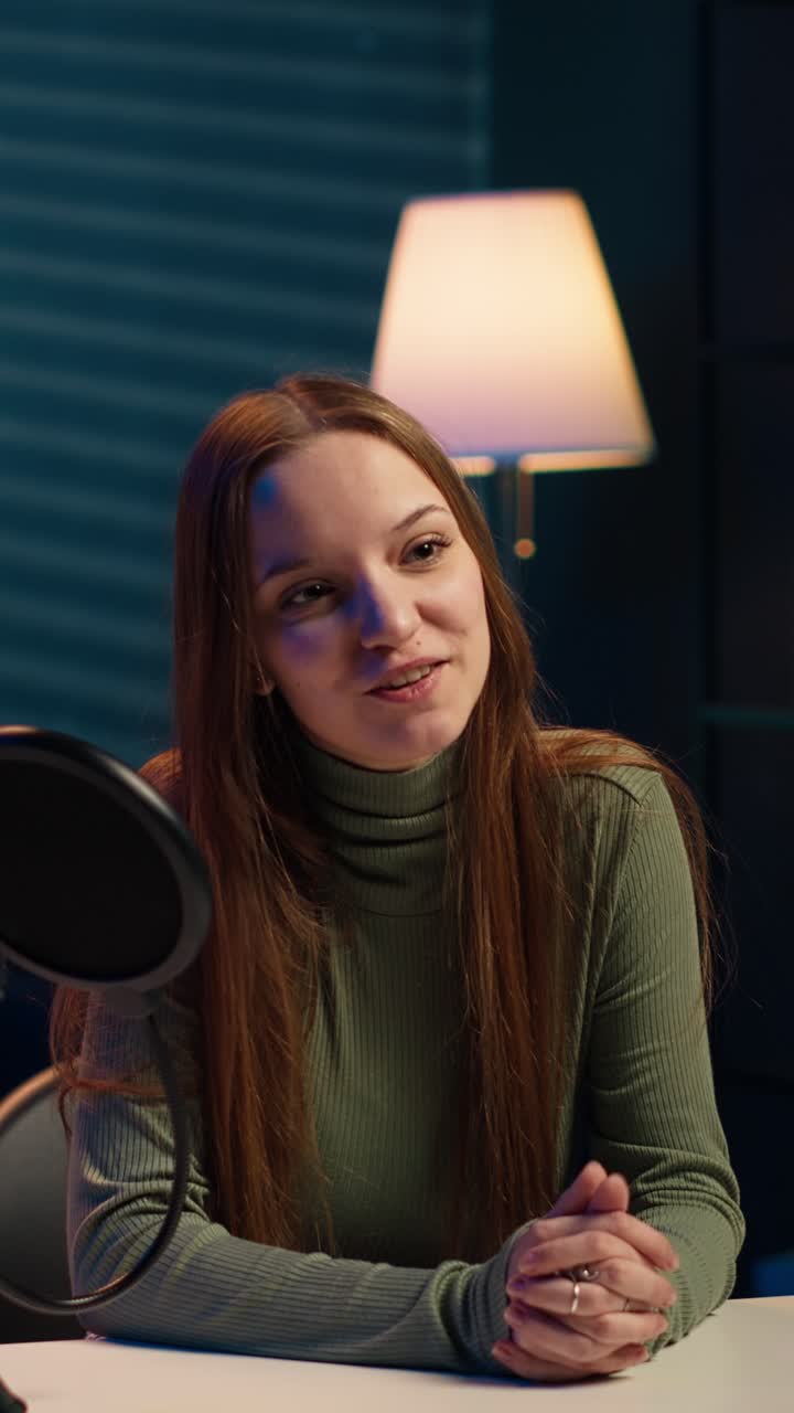 Giovane donna che parla e registra un podcast in uno studio domestico
