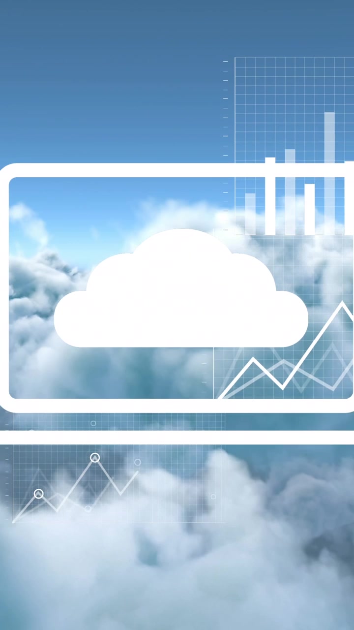 Animation of cloud symbol, charts and data processing over blue cloudy sky