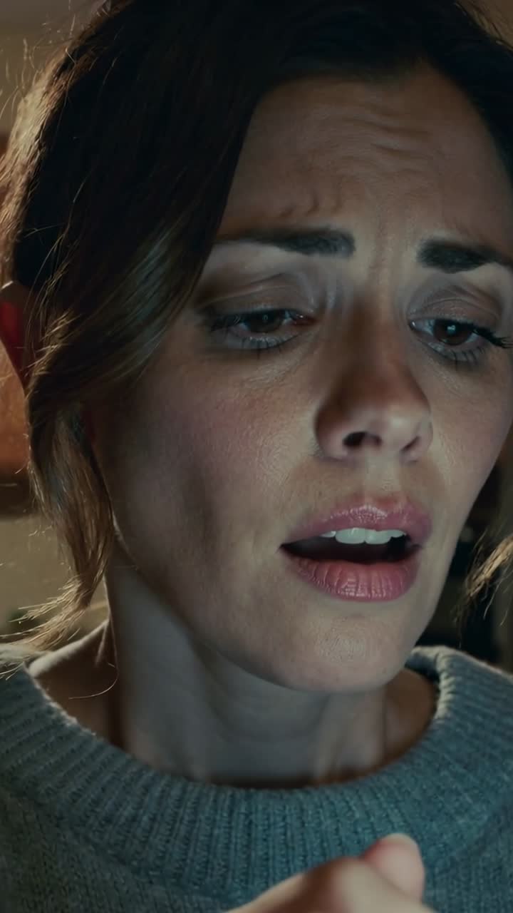 Vertical video: Glancing woman in light knit sweater reading message on phone at home, reacting