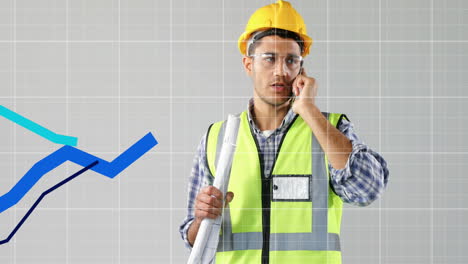 gráficos azules que se mueven sobre líneas de cuadrícula contra arquitecto masculino hablando en un teléfono inteligente