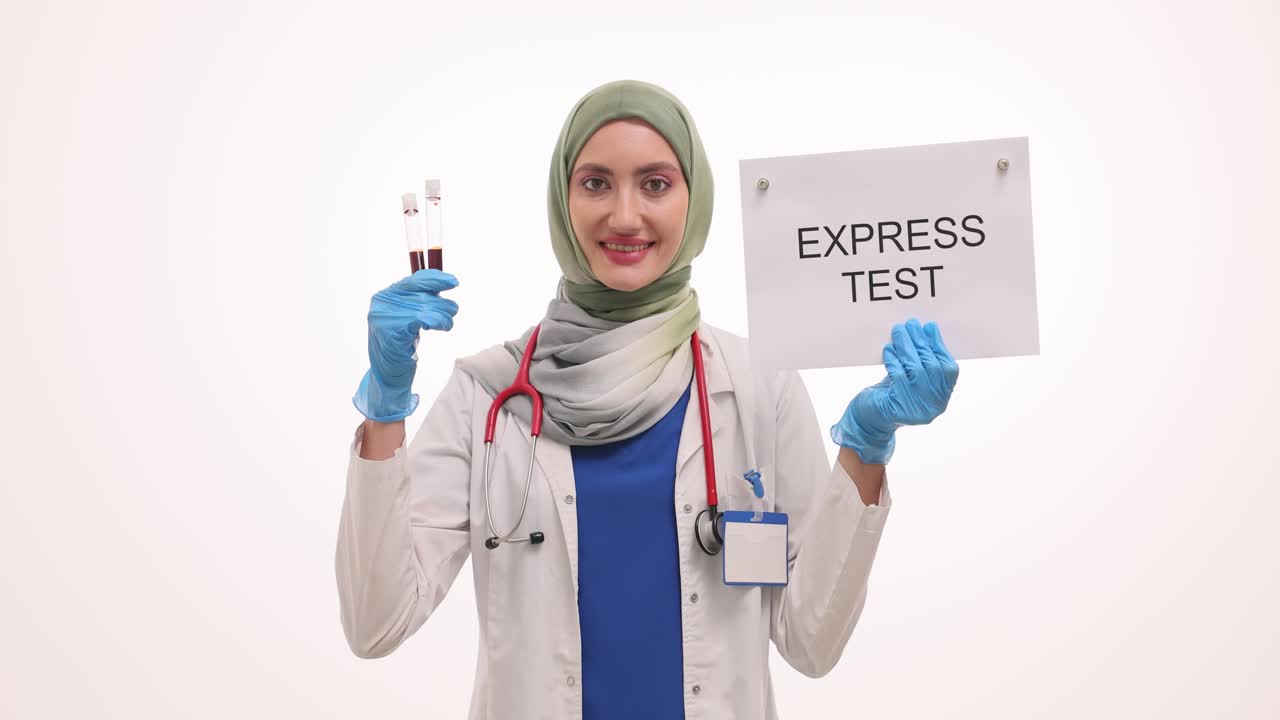 Female Doctor in Hijab Holding Blood Samples and 'Express Test' Sign