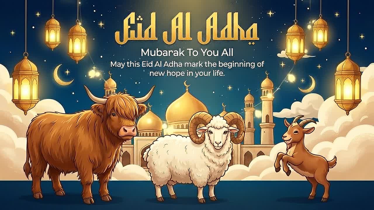 Animazione banner di celebrazione Eid al-Adha: bestiame sotto cupole di moschee luminose e lanterne, durante le celebrazioni festive.