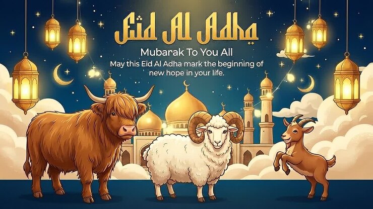 Animazione banner di celebrazione Eid al-Adha: bestiame sotto cupole di moschee luminose e lanterne, durante le celebrazioni festive.