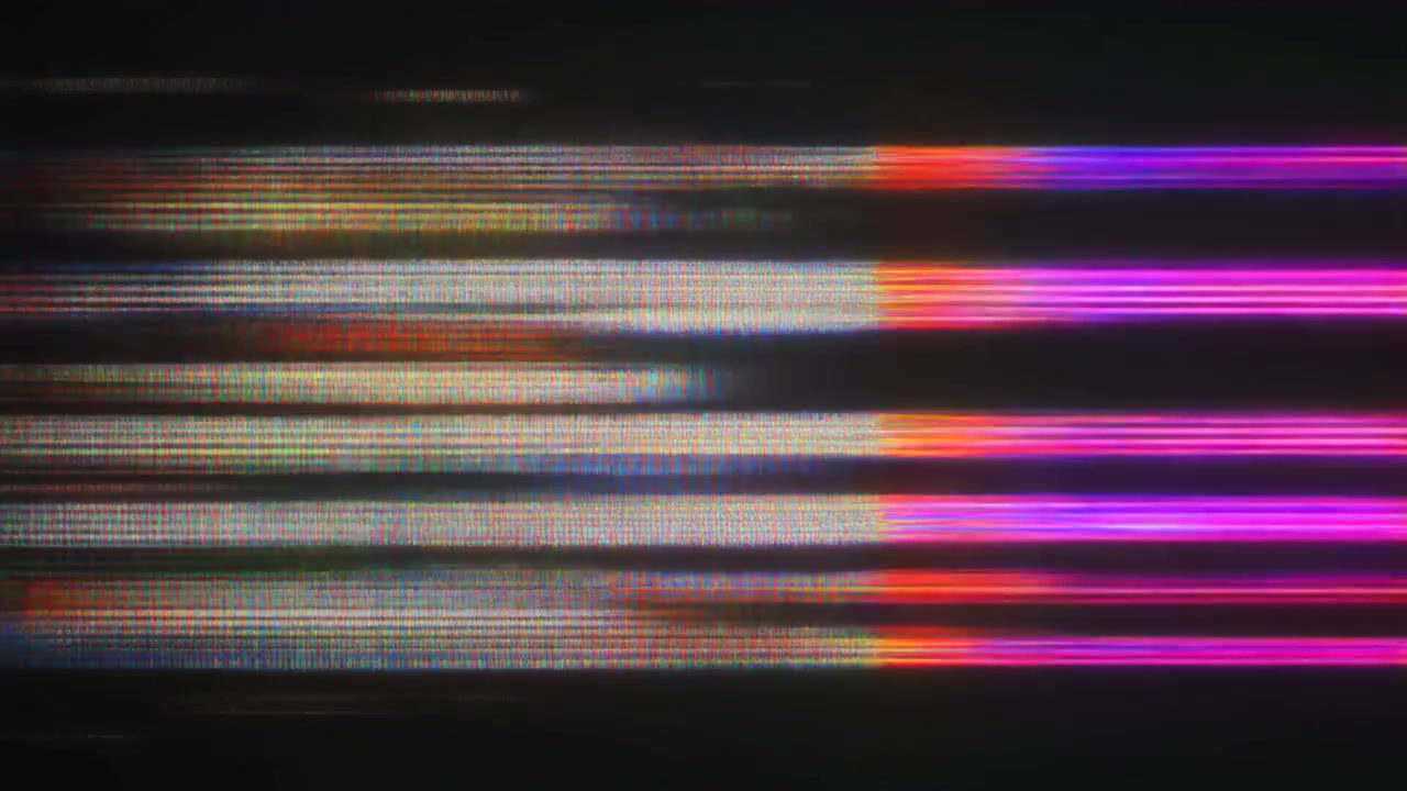 Digitaal glitch-effect met kleurrijke horizontale lijnen en ruis