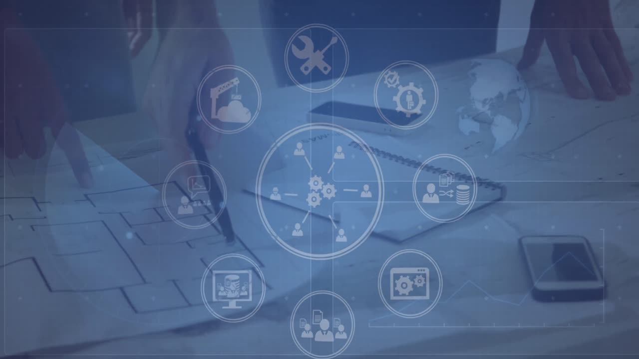 animación de múltiples iconos digitales girando contra la sección media de la discusión sobre un plan en la oficina