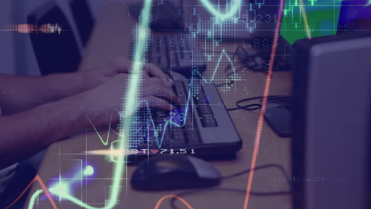 Animation of financial data processing over caucasian student using computers