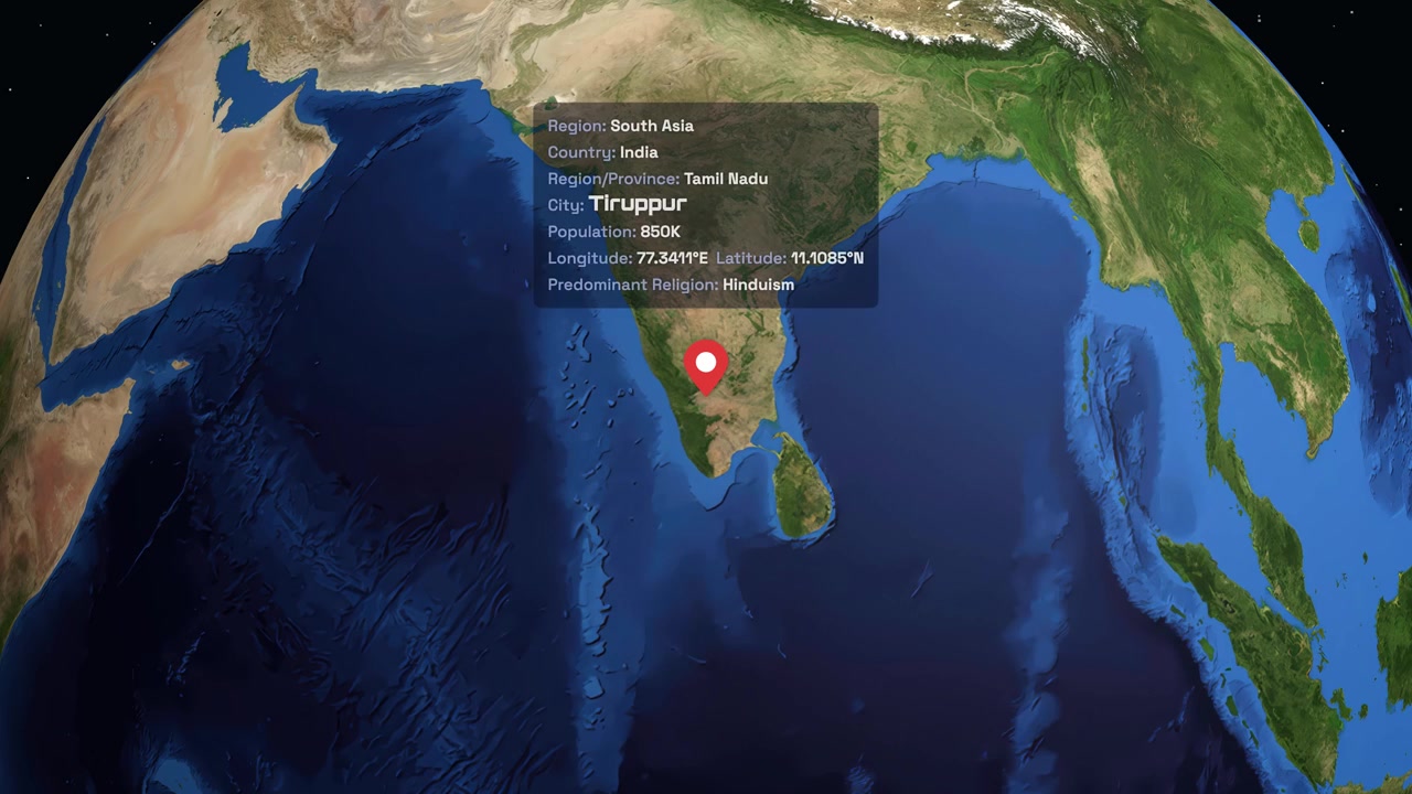 Digital animation zooms from rotating Earth in space to a specific location in South Asia