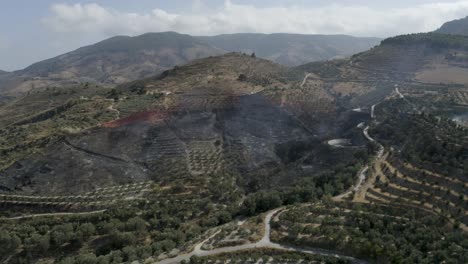 Restos-Humeantes-De-Incendios-Forestales-En-El-Valle-De-Lecrin,-España,-Drones-Aéreos,-Volando-Hacia