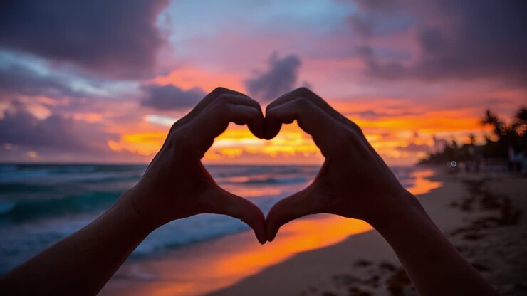 Creare una forma di cuore con le mani sullo sfondo di un bellissimo tramonto su una spiaggia serena, catturando l'essenza dell'amore e della tranquillità.