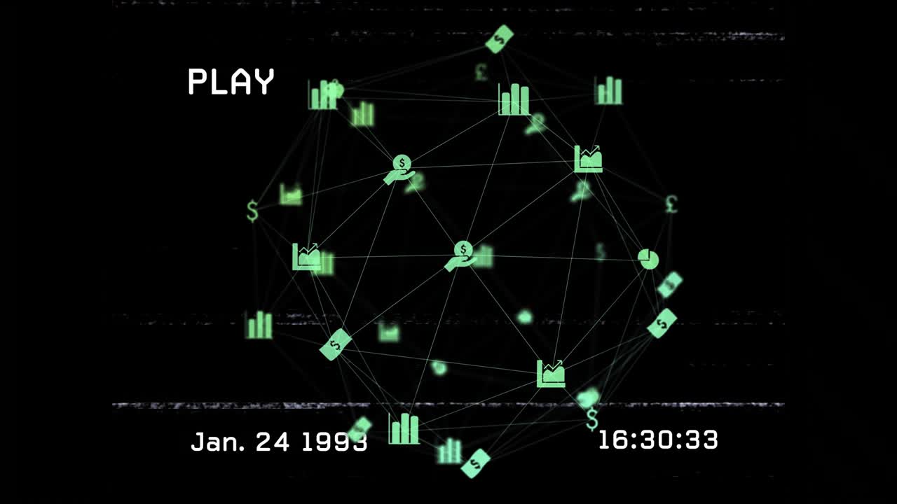 PLAY indicator appearing rotating green icon network circling timecodes updating retro playback