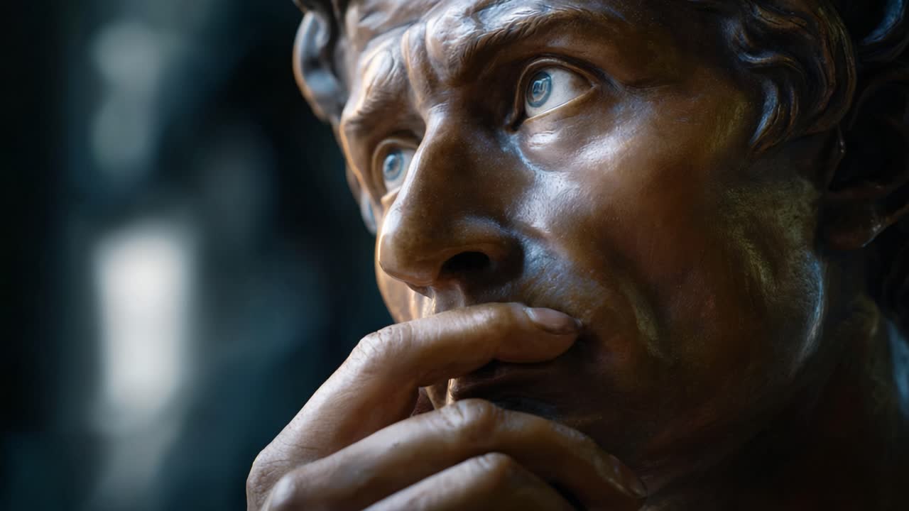 A Thoughtful Close-Up of a Marble Sculpture Depicting a Pensive Male Figure with Concerned Eyes and a Gesture of Contemplation on His Lip and Chin