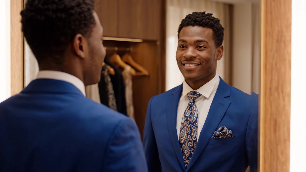 A Man in a Blue Suit Checking His Reflection in the Mirror, Showing Confidence and Style as He Transitions from Serious to a Bright Smile in a Sophisticated Setting