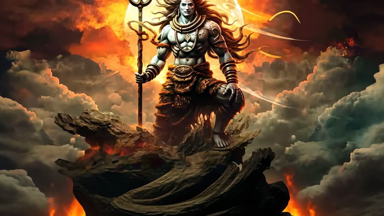 Epic digital art of a deity with a trident, set against a fiery sky