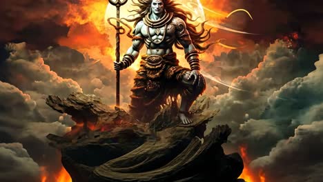 epic digital art of a deity with a trident, set against a fiery sky