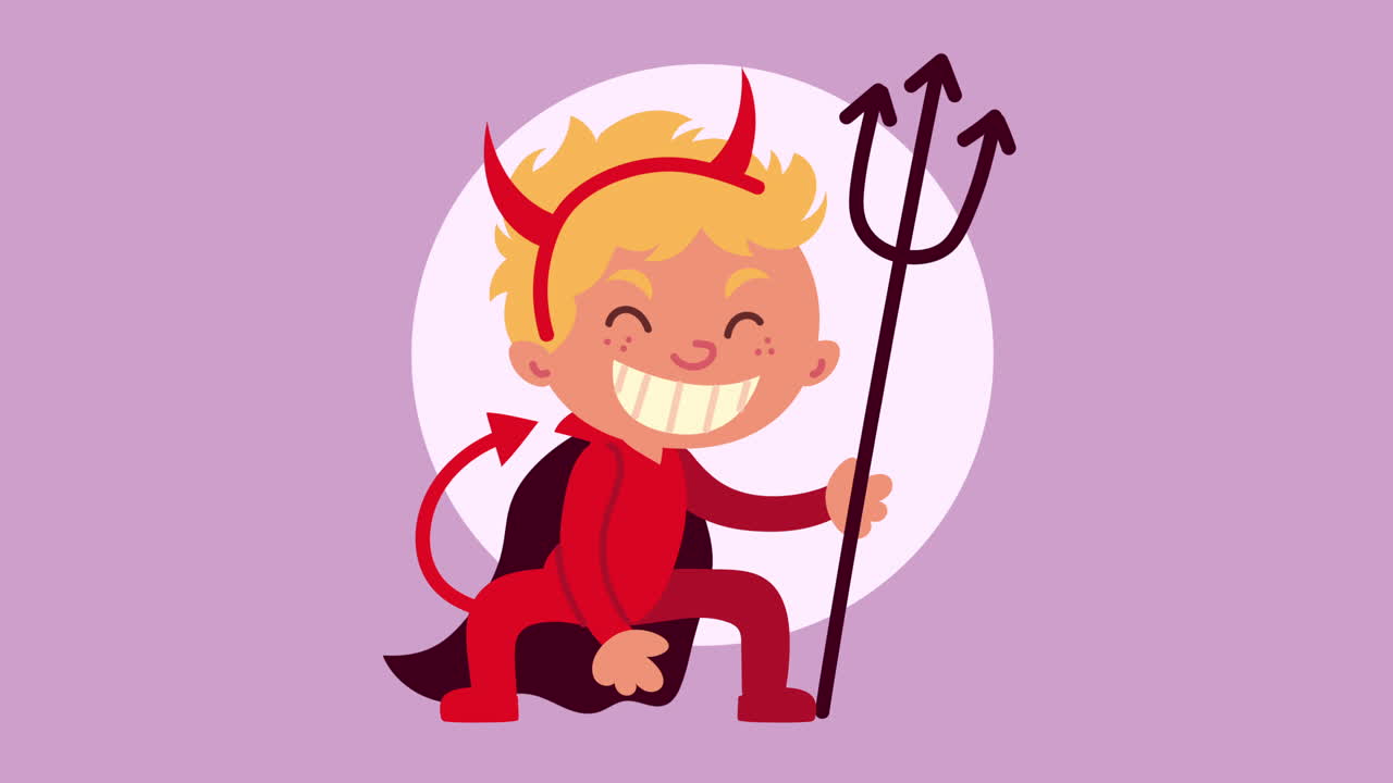 feliz animación de halloween con el pequeño diablo