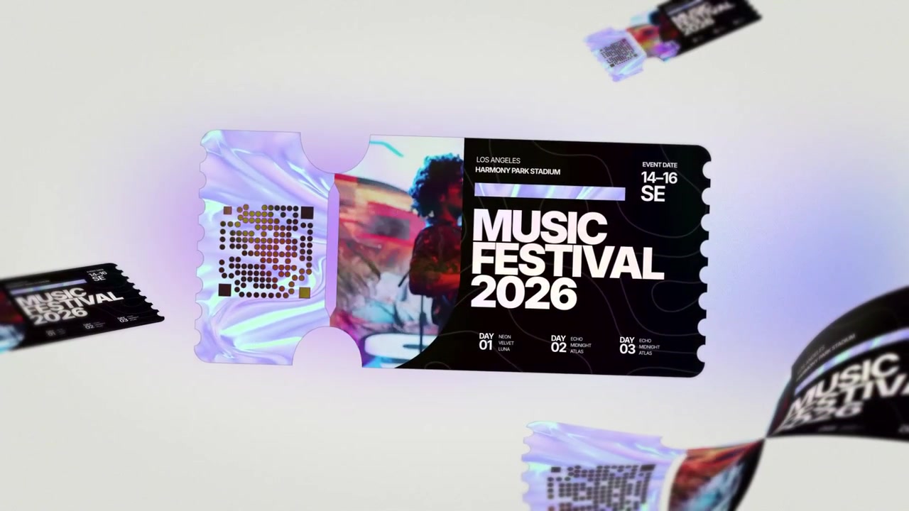 Mockup di biglietto digitale moderno al neon con codice QR animato